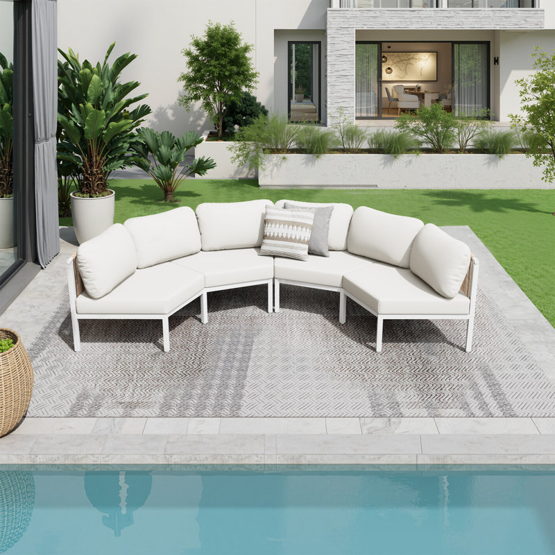 Ensemble de patio extérieur modulaire en aluminium pour 4 personnes avec coussins, Coussin beige / panneau brun