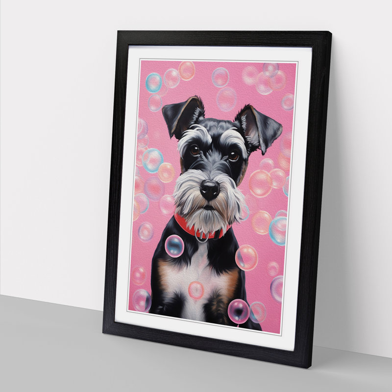 Schnauzer Bubble Gum Painting - Single Picture Frame Print on Wood, 46cm H x 34cm W x 2cm D, Black