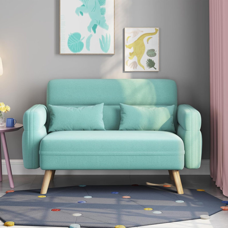 Petit canapé-lit moderne en tissu 46 po avec coussins lombaires 46 po, Aquamarine