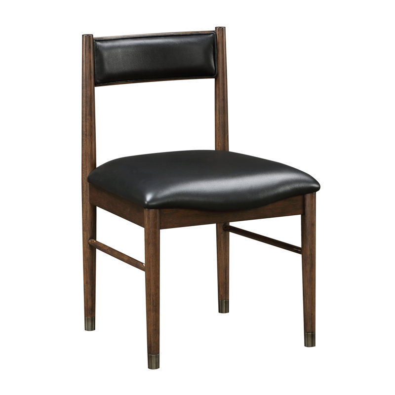 2 chaises de salle à manger rembourrées en cuir noir, style transitionnel, assise en bois au fini cerisier, structure