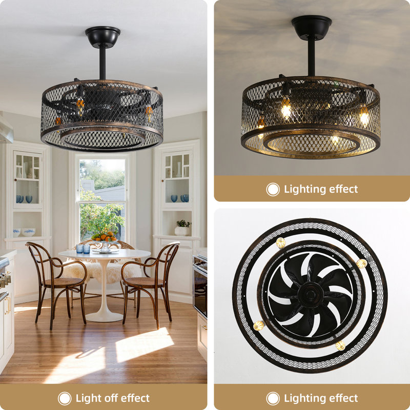 Vergel - 20 inches Caged Style Retro Indoor 8 Blade Standard Ceiling Fan with LED Light Kit Included