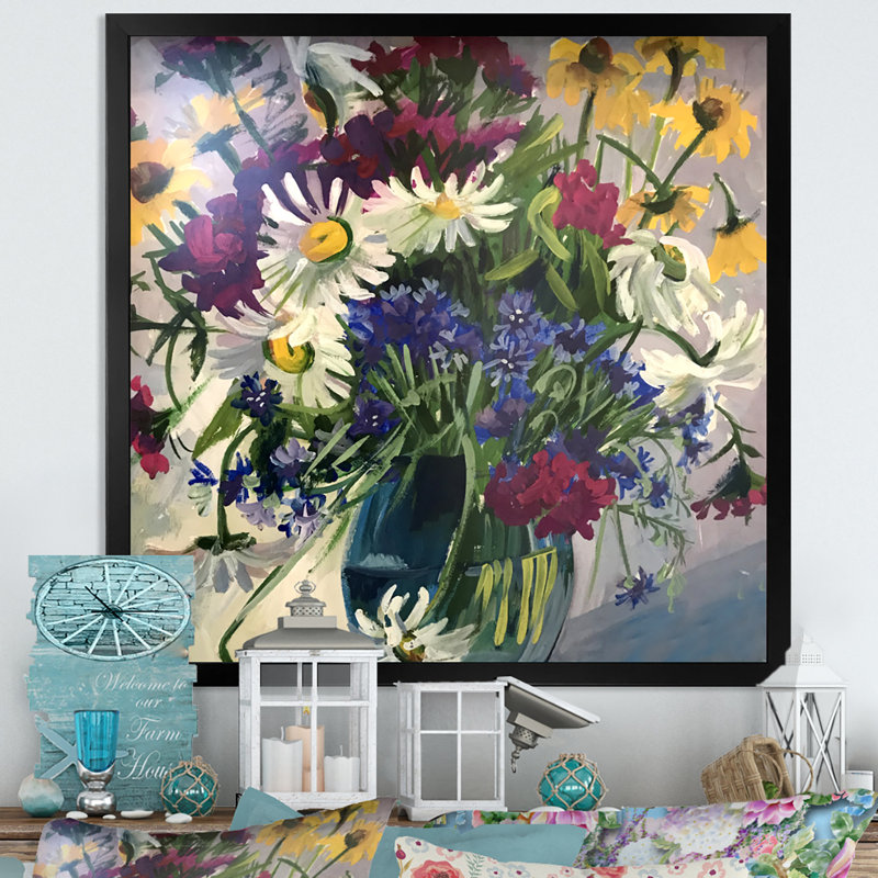«Vintage Camomile Daisies Flowers», reproduction de cadre photo sur toile, Cadre noir, H 16 po x l 16 po x P 1 po