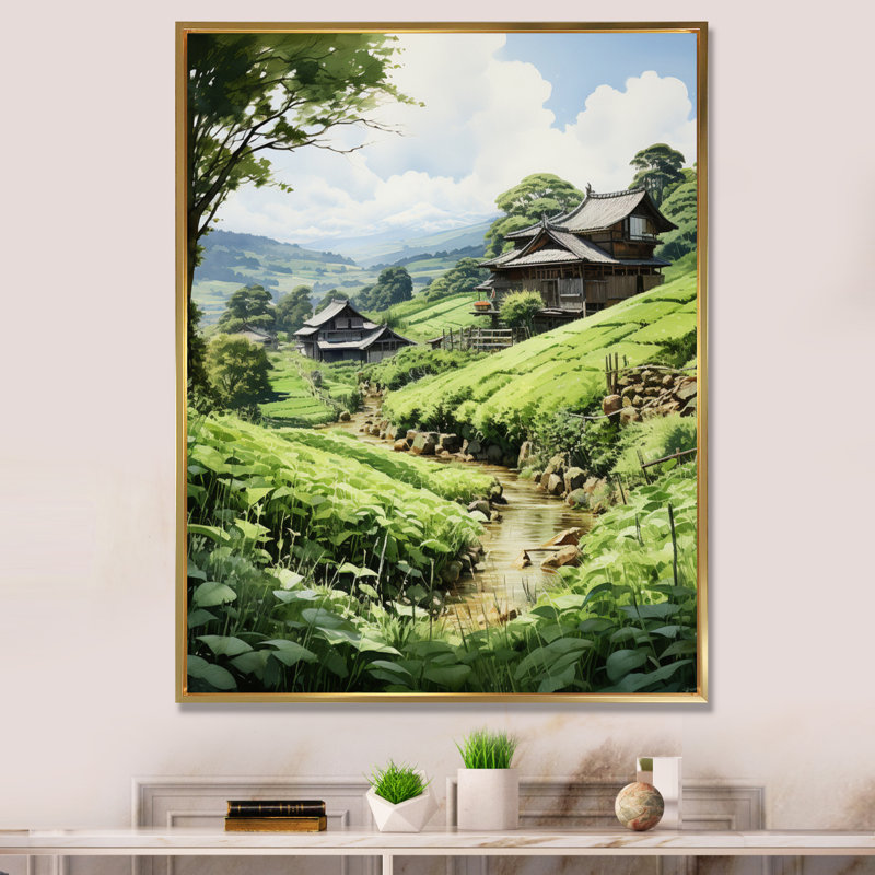 Champ de thé japonais - reproduction sur toile, H 32 po x l 24 po x P 1 po, Cadre flottant doré