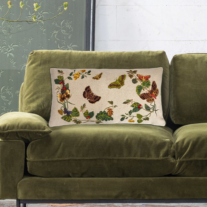 Embroidered Butterfly and Flower Lumbar Pillow with Piping