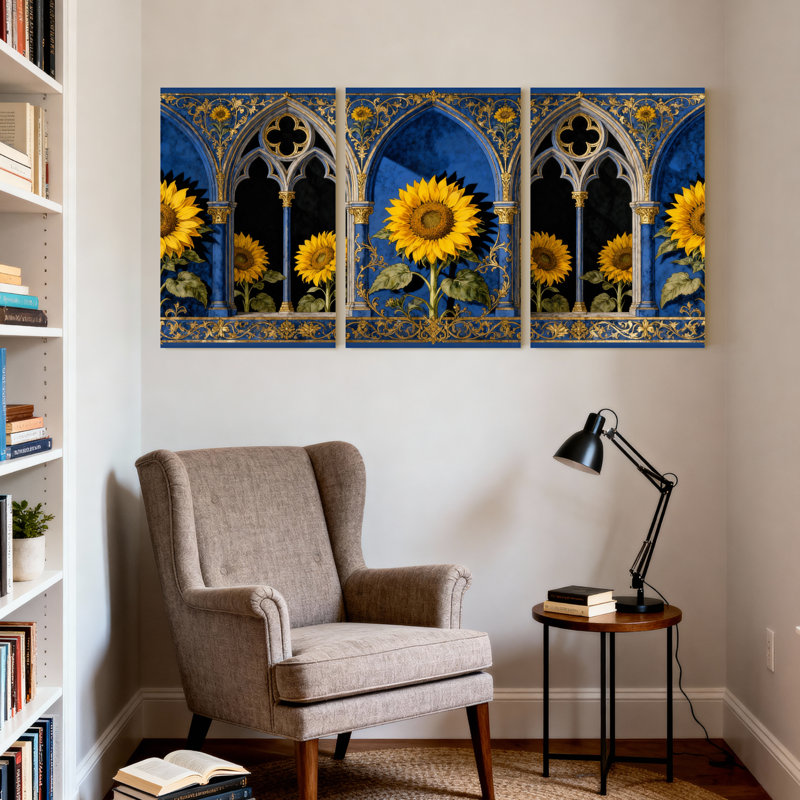 Plantes et fleurs, tournesol arche gothique bleu et or, ensemble de 3 impressions sur toile, H 18 po x l 12 po