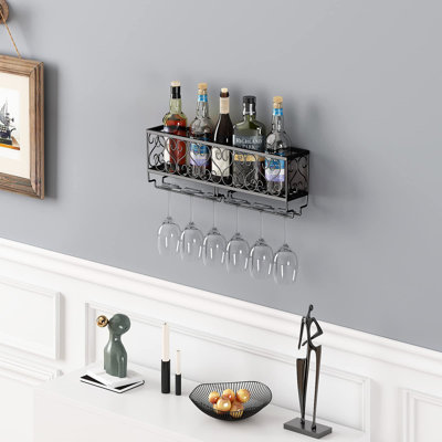 Porte-verres à vin en métal noir à fixation murale en métal, 50 x 10 cm, pouvant contenir jusqu'à 6 bouteilles de vin et 6 tasses de verres