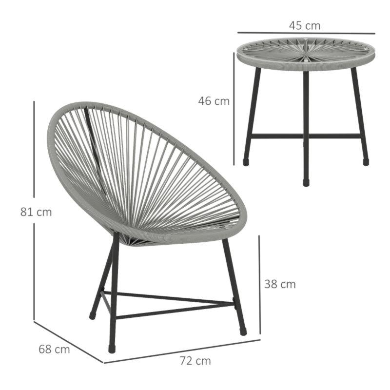 3 Pieces Rattan Bistro Set, Garden Bistro Set with Acapulco Chairs and Glass Top Table, Small Garden Furniture Set with Reinforced Metal Frame for Outdoor, Patio, Balcony, Grey