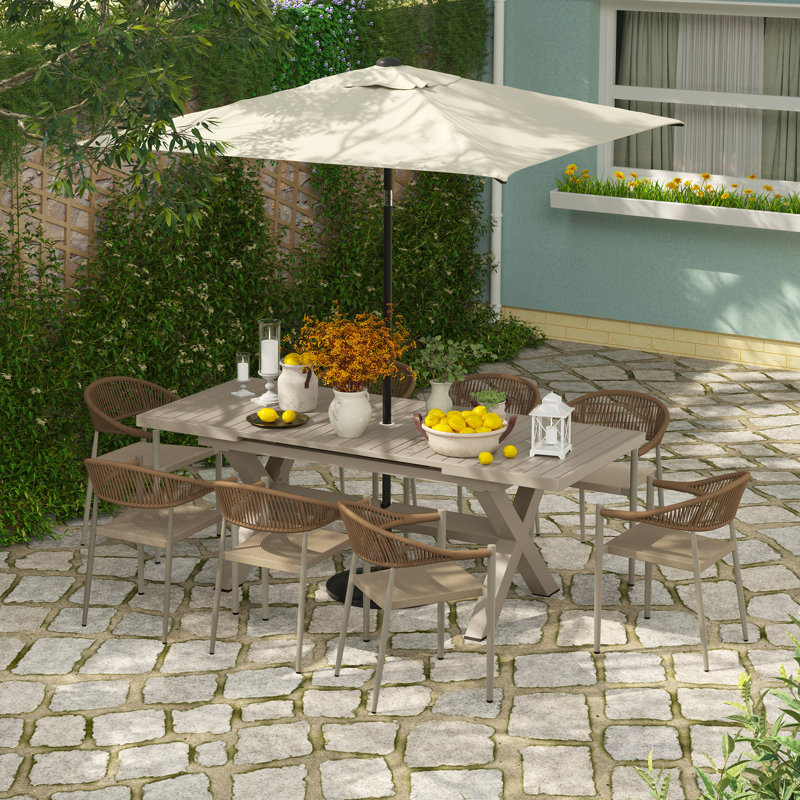 8 Person Stacking Patio Dining Armchair With Extendable Table Set, Beige/Brown