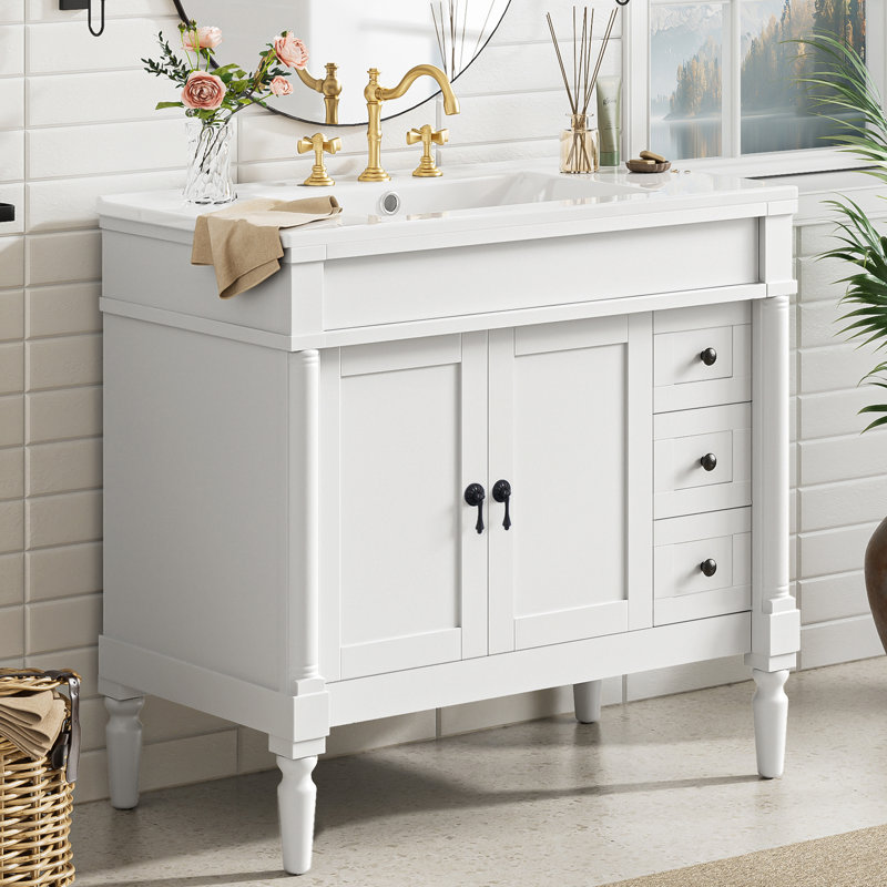 Exquisite 36" Bathroom Vanity With Ceramic Top, Black, White