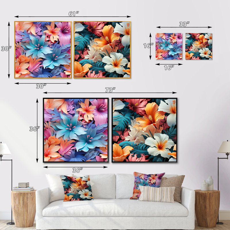 Tropical Dreamscape III - motif tropical - ensemble de 2 collages carrés floraux, H 16 po x l 33 po, Cadre flottant blanc