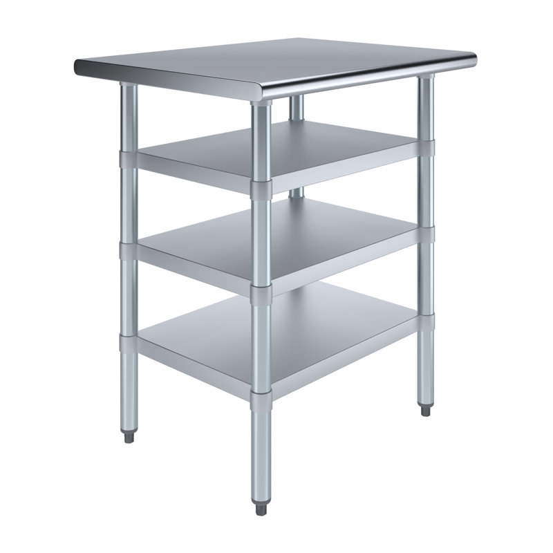 Table en acier inoxydable avec trois tablettes inférieures, H 24 po x l 30 po x P 35 po