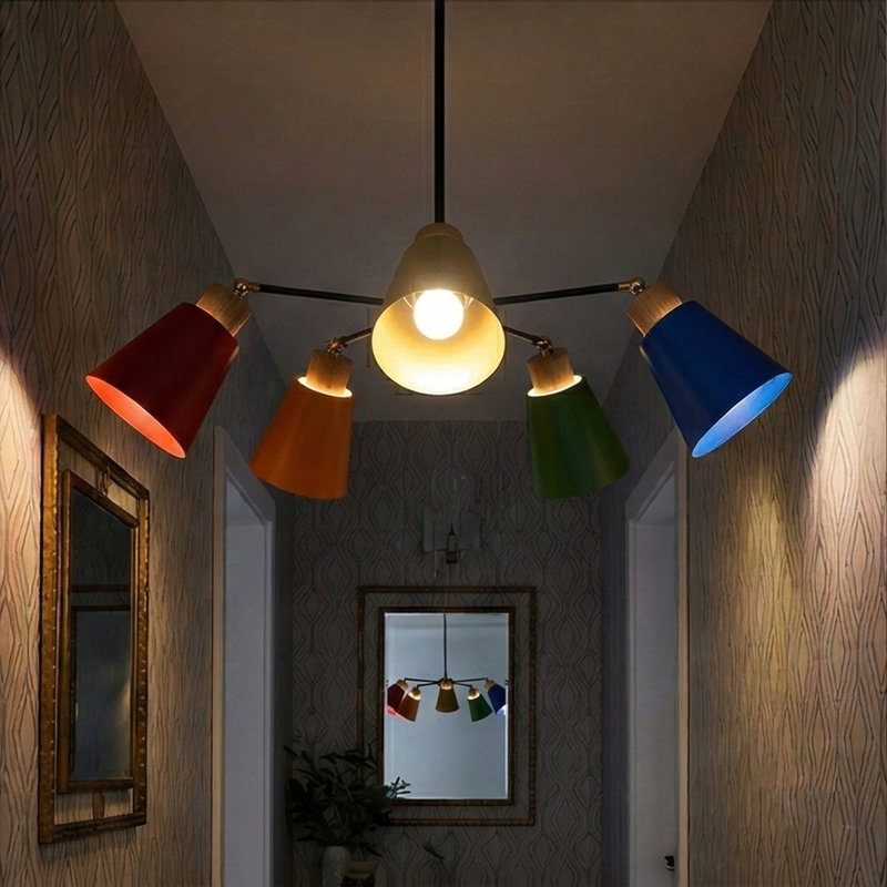 Kallie 5-Light Shaded Multi-Color Modern Chandelier with Natural Wood Accents