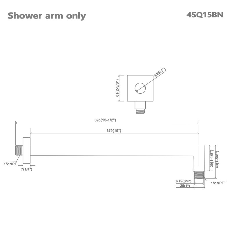 Topcraft 15" Brass Square Wall Mount Shower Arm, Universal Showering Components for Rain Shower Head, Brushed Nickel
