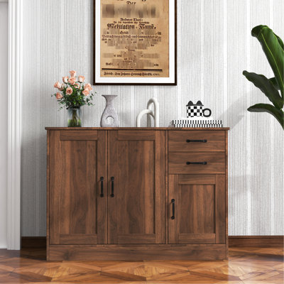 Buffet 43,3 pouces en noyer avec 2 portes, 1 rangement et tiroirs - Commode d'entrée Portes et rangement modernes en bois