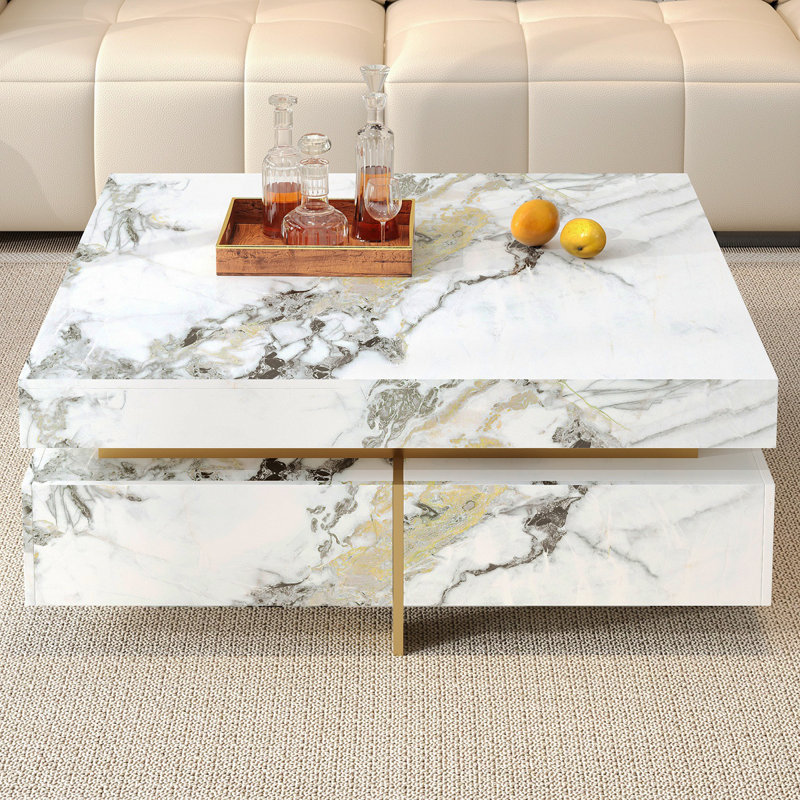 Table basse moderne carrée texturée en marbre avec 4 tiroirs et base suspendue, blanc, 43,3 po