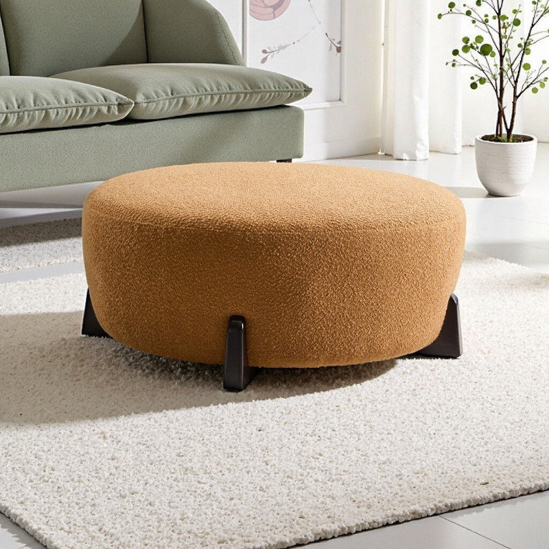 Repose-pieds rond avec revêtement bouclé et 4 pieds en bois massif, Bois naturel, orange citrouille