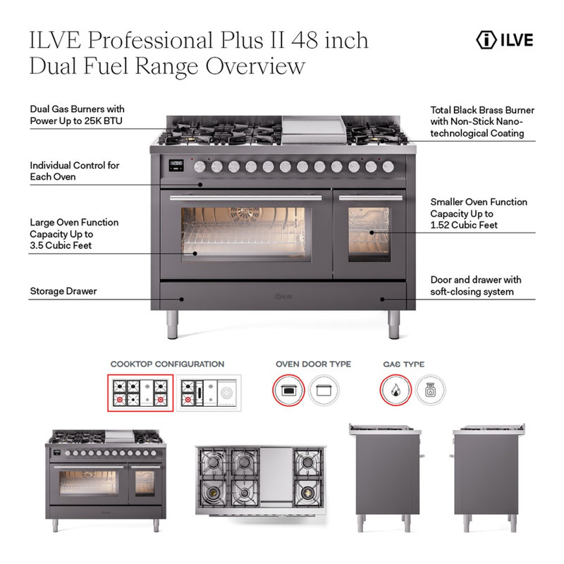 ILVE Professional Plus II 48 cuisinière à double combustible, 8 brûleurs scellés, plaque chauffante (RAL), Couleur RAL