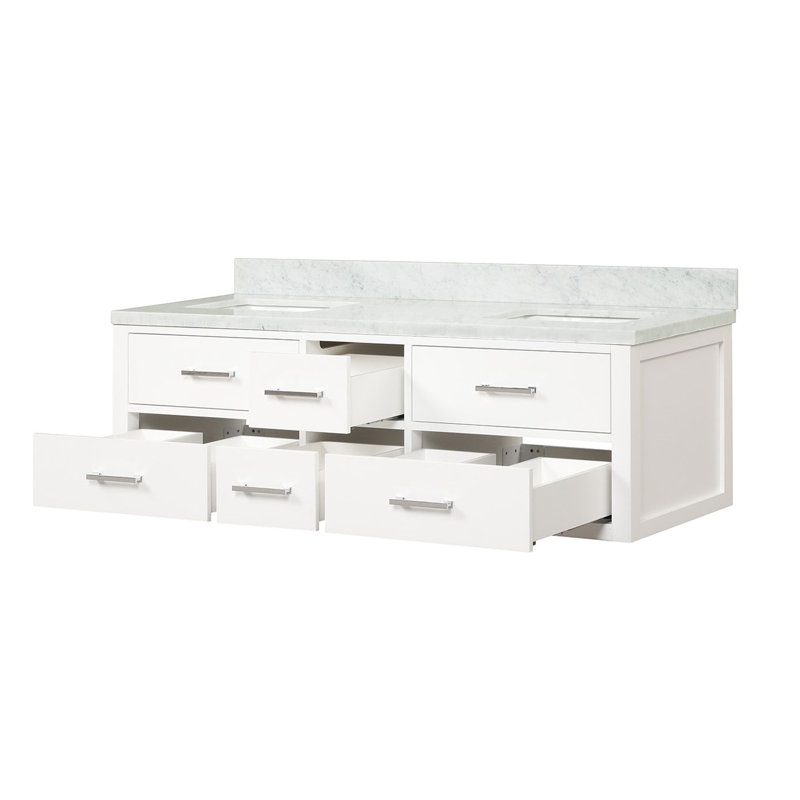 Meuble-lavabo double 60 po bleu X P 22 po D, avec plateau en marbre de Carrare, Bleu