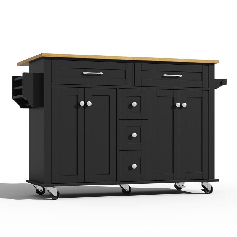 Kitchen Island Withe 4 Doors And 5 Drawers, Black/Silver