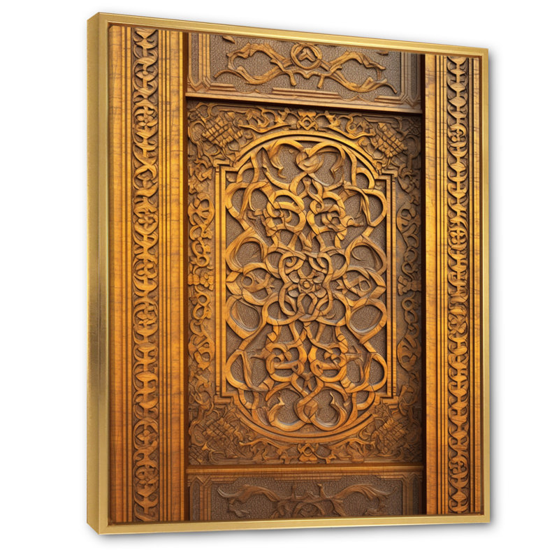 Vieille porte en bois sculpté III, reproduction d'art sur toile, Cadre flottant doré, 20" H x 12" W