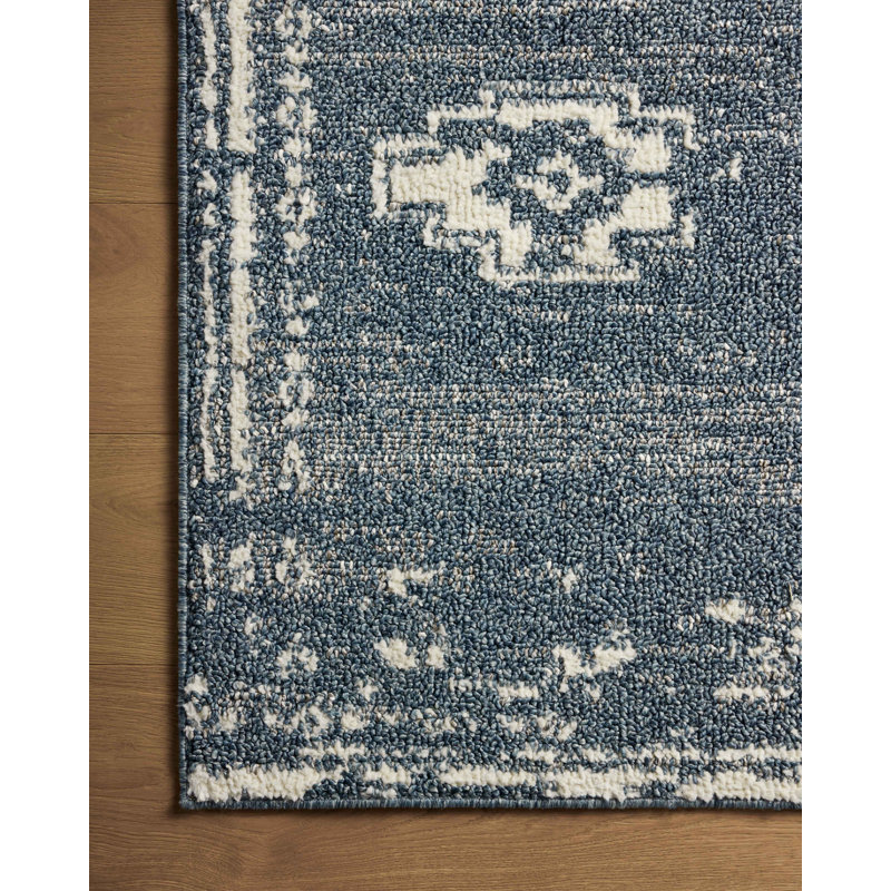 Denim and Ivory Synthetic Runner Rug with Geometric Pattern