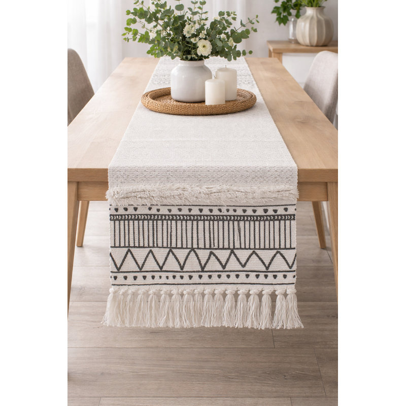 Ivory Boho Tribal Textured Table Runner With Tassels, 87" L x 14" W