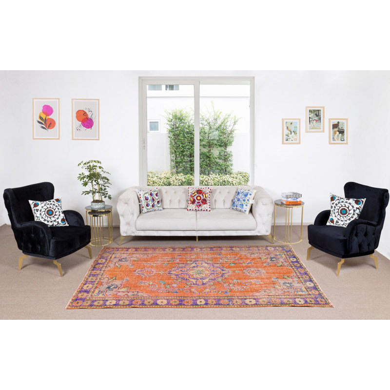 Tapis vintage fait à la main en orange brûlé, mauve, bleu et vert avec motif en médaillon