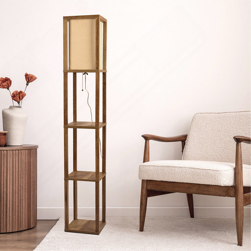 Lampe sur pied à tablette pour chambre à coucher / salon, bois naturel avec abat-jour long