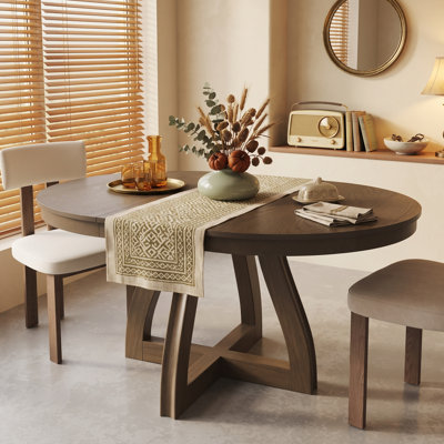 58" Extendable Round Dining Table for 4-6 People, Farmhouse Dining Table with 16" Removable Leaf, X-Base and Curved Rubberwood Legs for Dining Room an