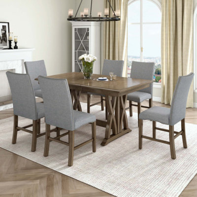 Ensemble de table de salle à manger Mid-Century en bois massif 7 pièces avec tables rembourrées et rallonge