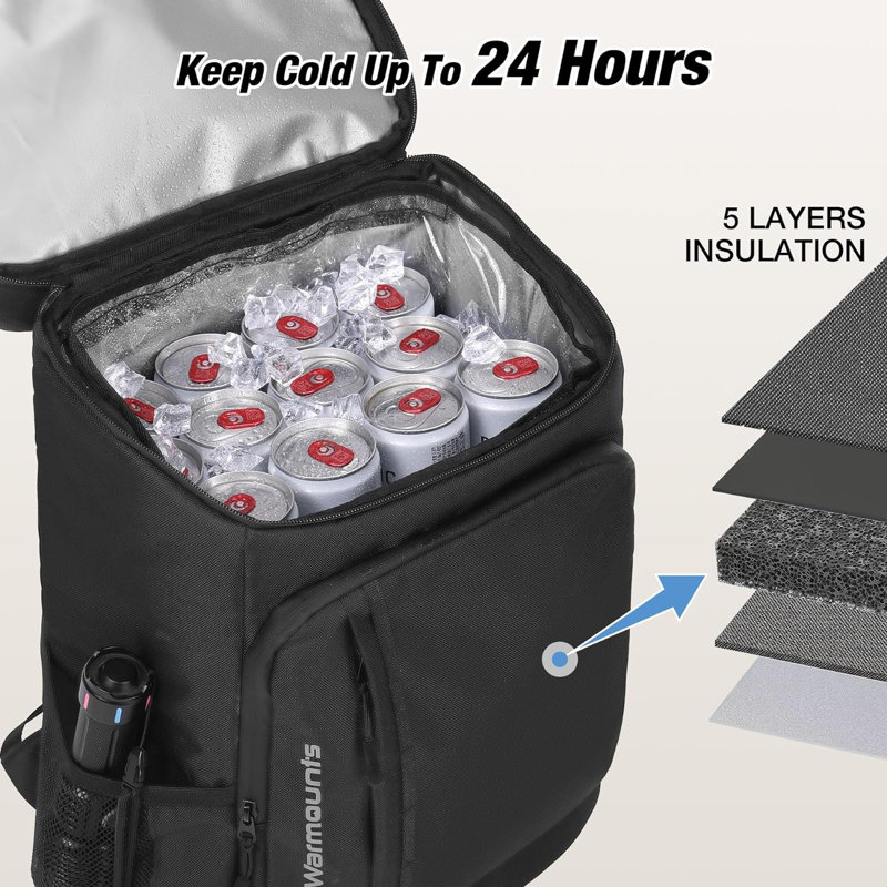 Sac à dos souple pour glacière pliable avec sac isolant et sac étanche, Noir