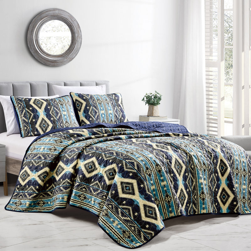 Blue Organic Cotton Reversible Queen Bedspread Set