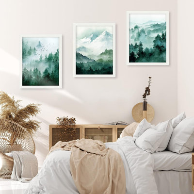 «Woodland Forest Landscape» IDÉE4WALL, art mural encadré forêt de montagne, ensemble de 3 impressions murales aquarelle enneigées, décoration murale nature sauvage pour salon, chambre à coucher, 3 pièces