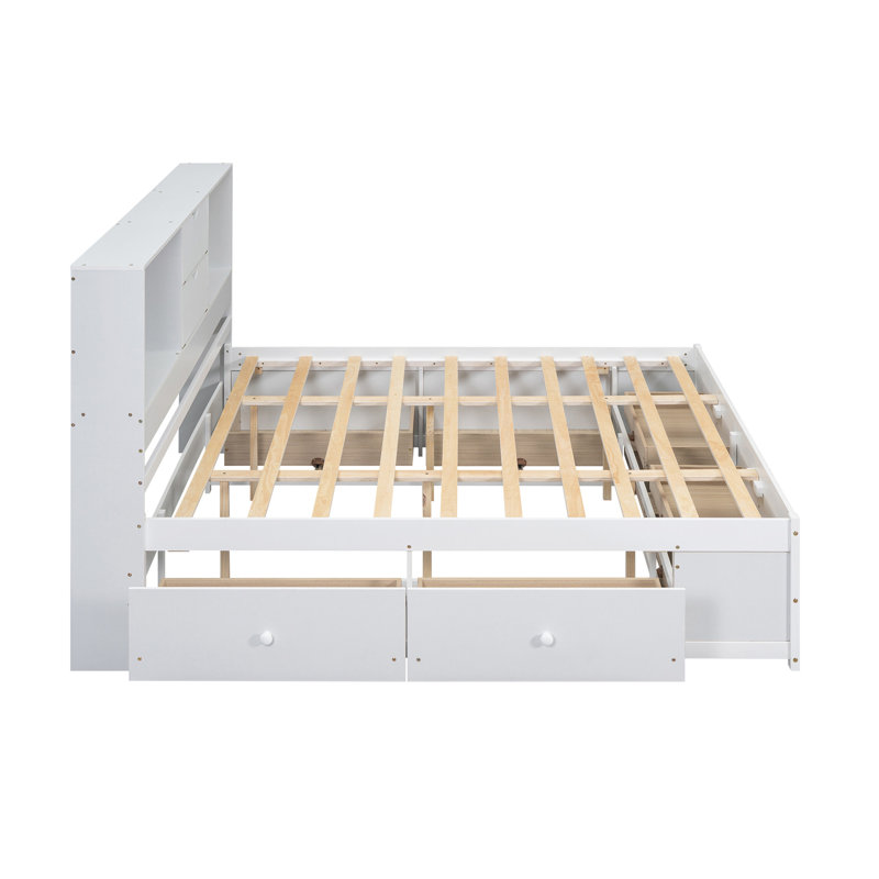 Lit plateforme très grand avec tête de lit à rangement et 8 tiroirs, blanc