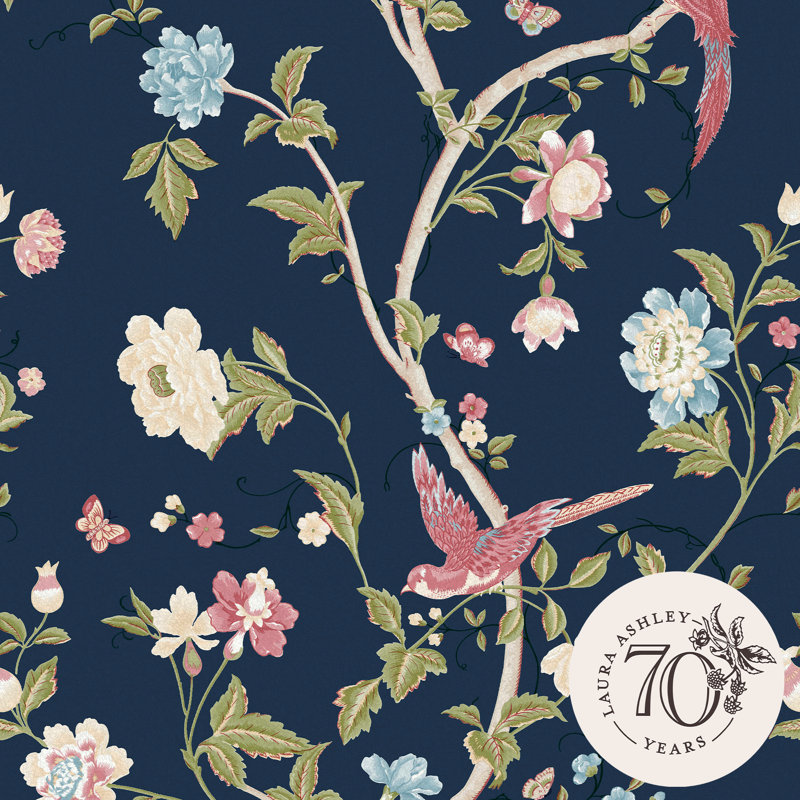 Summer Palace Sage and Apricot Removable Wallpaper, Midnight Blue
