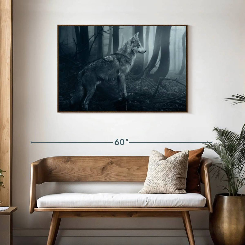 Loup gris, 43 po x 29 po, Cadre flottant noyer