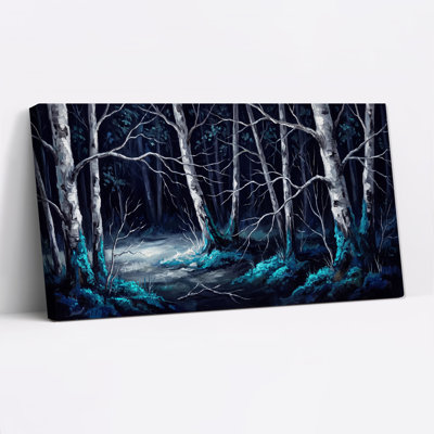 Art mural sur toile de forêt de bouleaux bleu foncé et bleu sarcelle