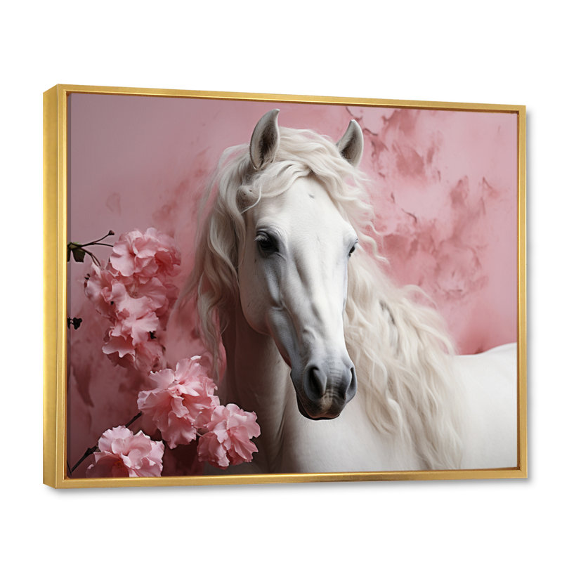 Cheval rose blanc doux beauté - art mural cheval, H 24 po x l 32 po x P 1 po, Cadre flottant doré