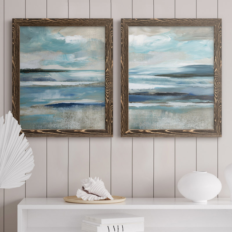 «Distant Drama I», ensemble de 2 peintures sur toile encadrées, Encadré de bois de noyer, H 37,5 po x l 55 po x P 1,5 po
