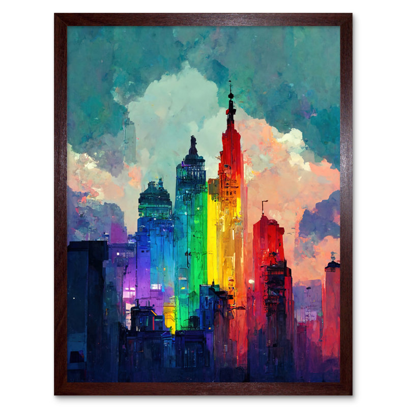 Rainbow Skyscrapers Skyline Cityscape Abstract - Print, Brown Framed Paper, 25.9cm H x 20.6cm W x 1.5cm D