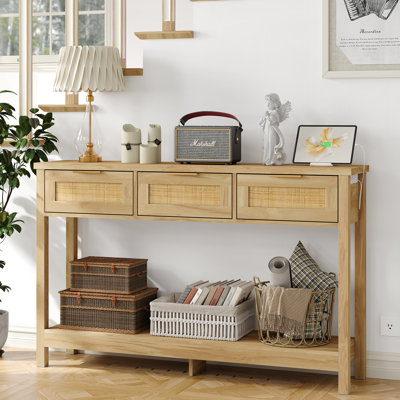 Ayjah 51.2" Wood Console Table with Charging Station and 3 Drawers,Rattan Entry Table for Entryway