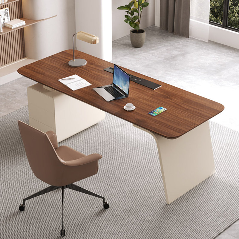Bureau rectangulaire à 3 tiroirs en bois manufacturé brun noyer + cristal crème, H 29,53 po x l 55,12 po x P 27,56 po