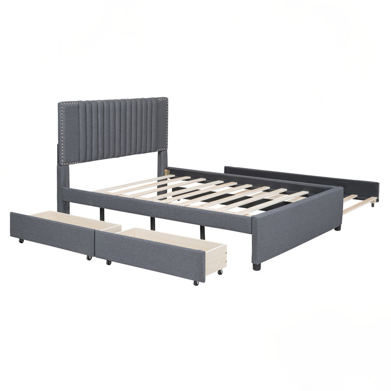 Lit plateforme tapissier avec 2 tiroirs et lit gigogne simple TG, Double, Gris