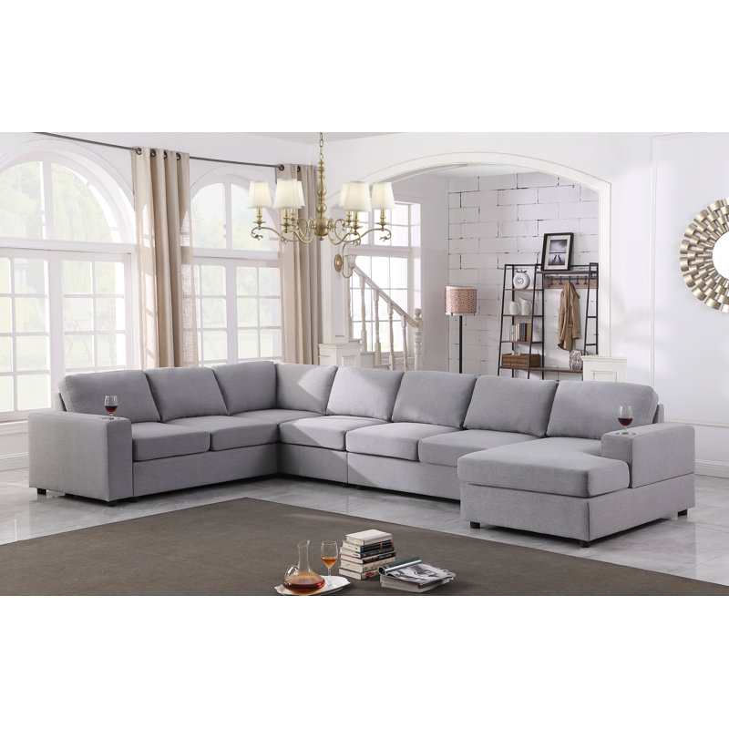 Redwater Upholstered U-Shaped Sectional Right Hand Facing, Light Gray Linen Blend