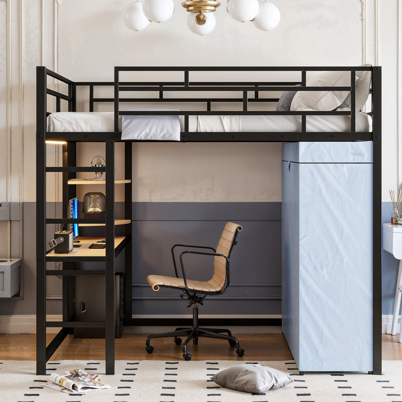 Lit mezzanine double en métal avec bureau, Blanc, Double
