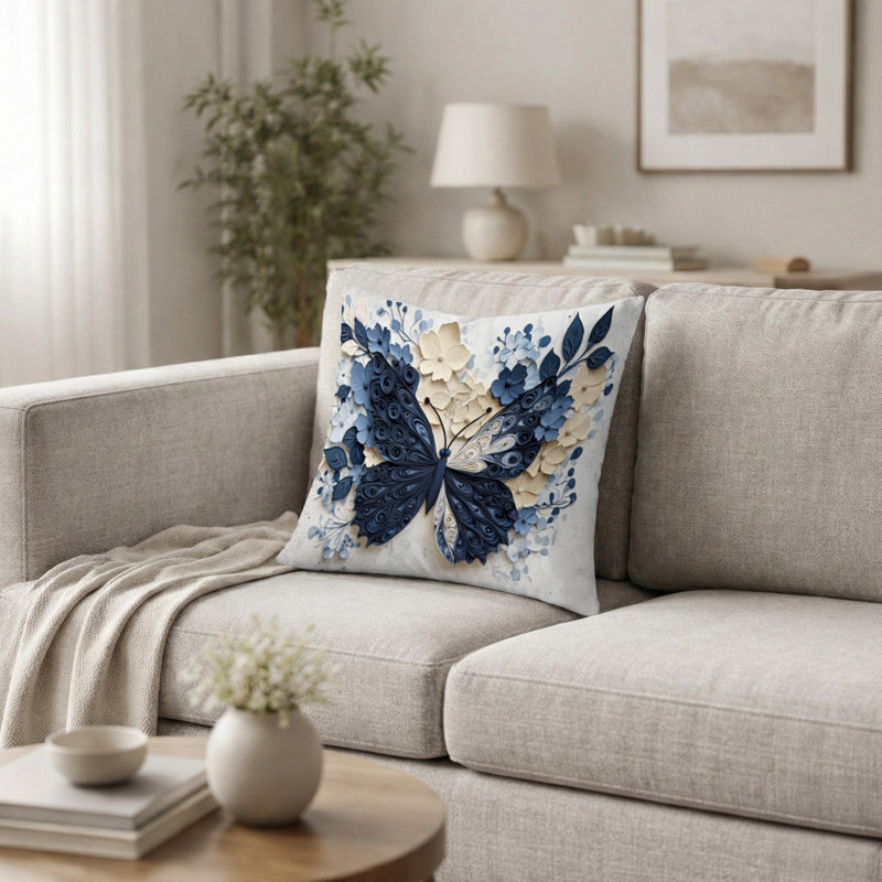 Blue And White Butterfly In Bloom Decorative Accent Pillow - Animals Printed Throw Pillow, 16"H x 16"W