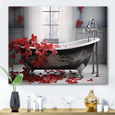 «Red Floral Bath I» - Art mural pour la lessive dans le salon