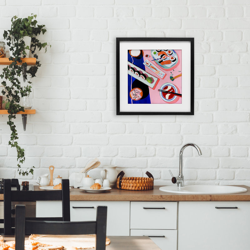 Vibrant Sushi Me Platter Framed Print Under Glass, design by Walker Noble, 13" H x 13" W, Midnight Black Frame
