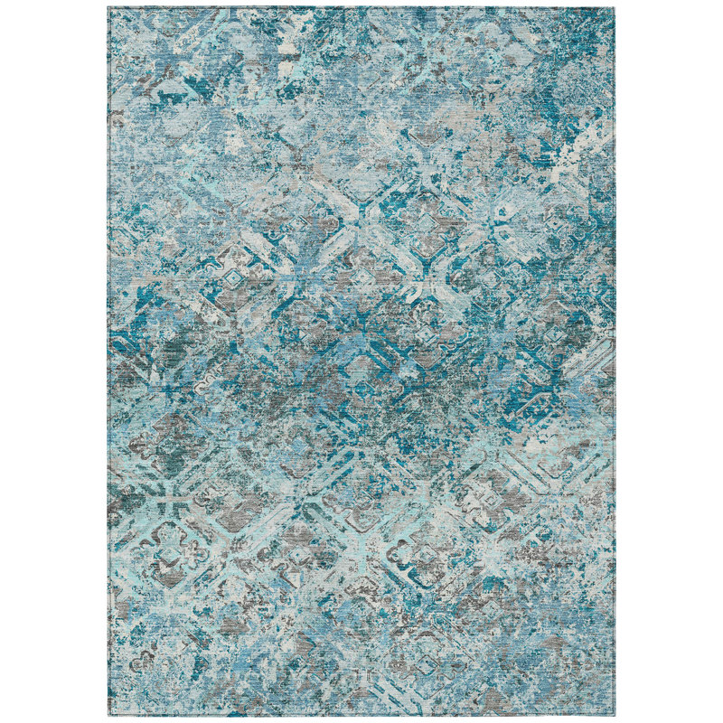 Tapis extérieur bleu sarcelle et gris anthracite lavable 9 'X 12'