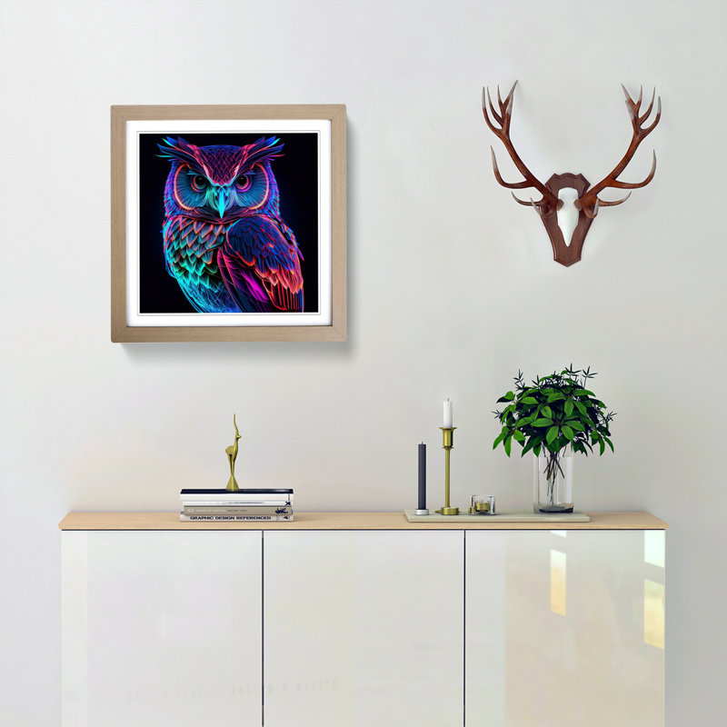 Owl Neon Art - Framed Print, Oak